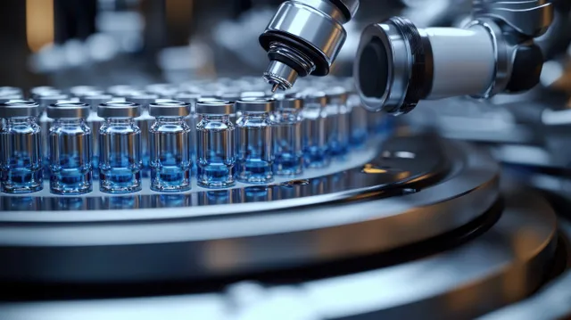 Robotic tubing dispenses blue liquid into rows of small glass vials on a rotating metallic conveyor.