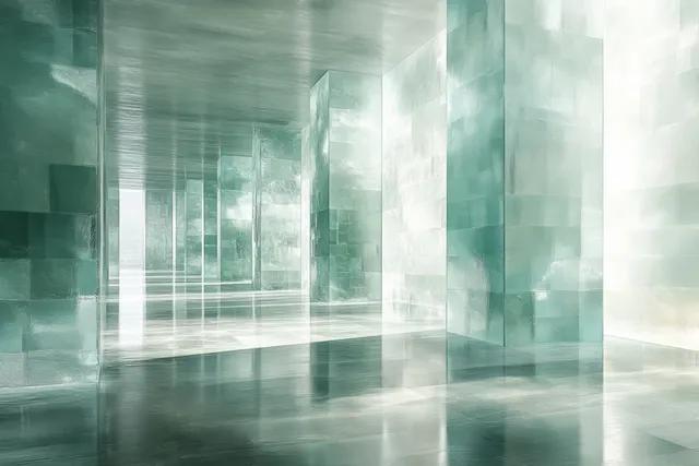Transparent glass blocks form a layered corridor with glossy reflections and misty diffused light.