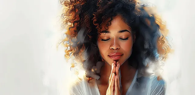 An African American woman prays with hands clasped in a watercolor mist, eyes closed, with soft light rays.