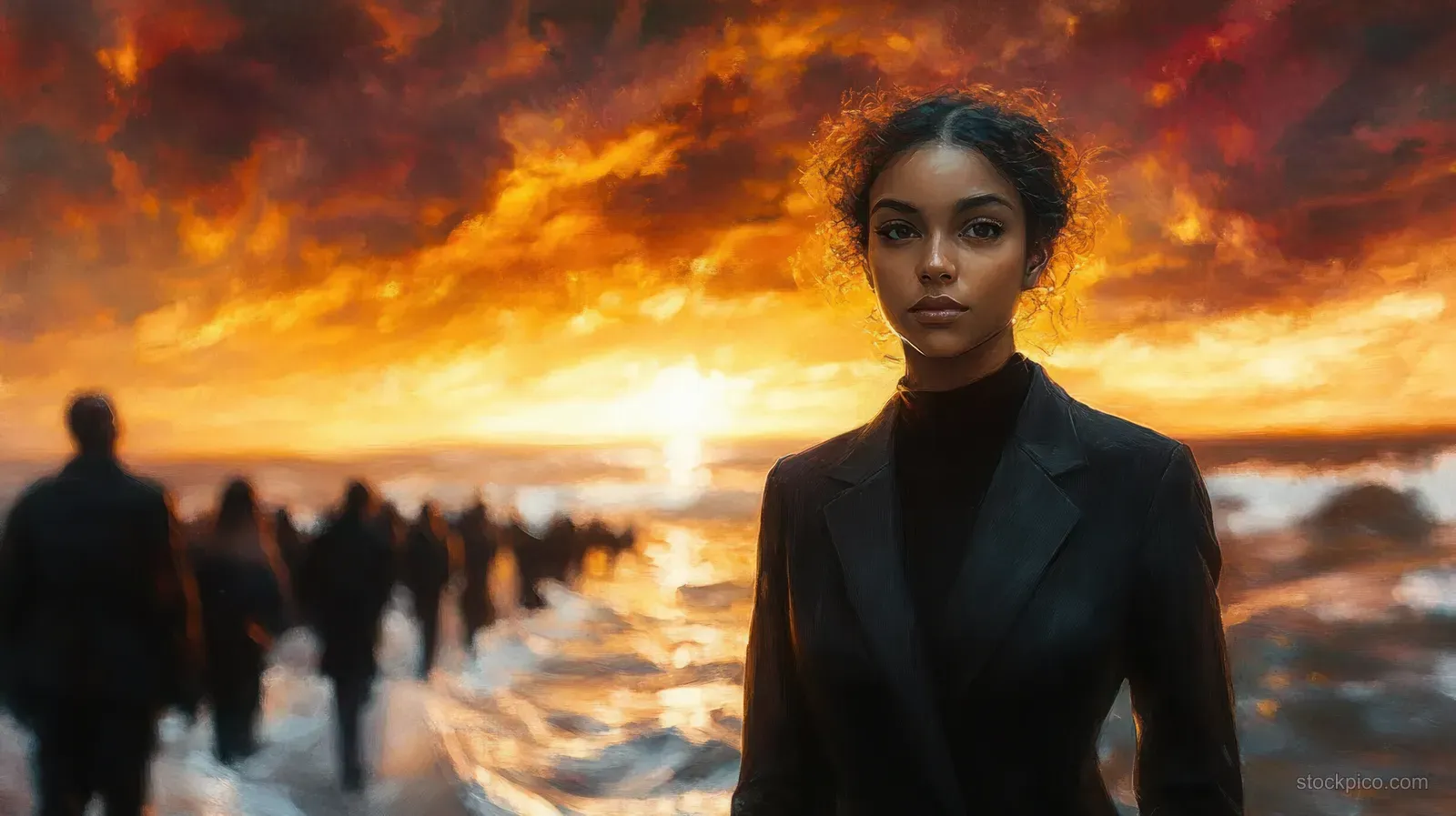 A serious woman in a dark coat stands on a sunset beach while blurred people walk along the shore behind her.