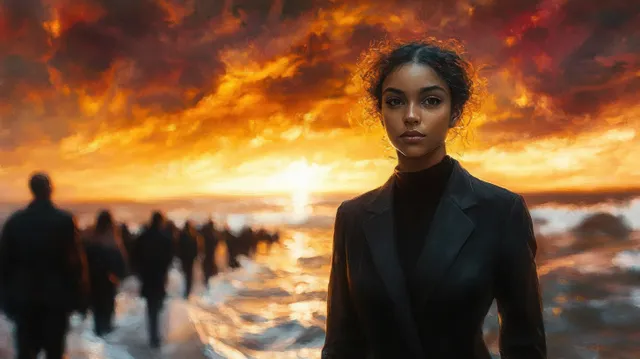 Serious woman in dark coat stands on beach at sunset while figures walk behind