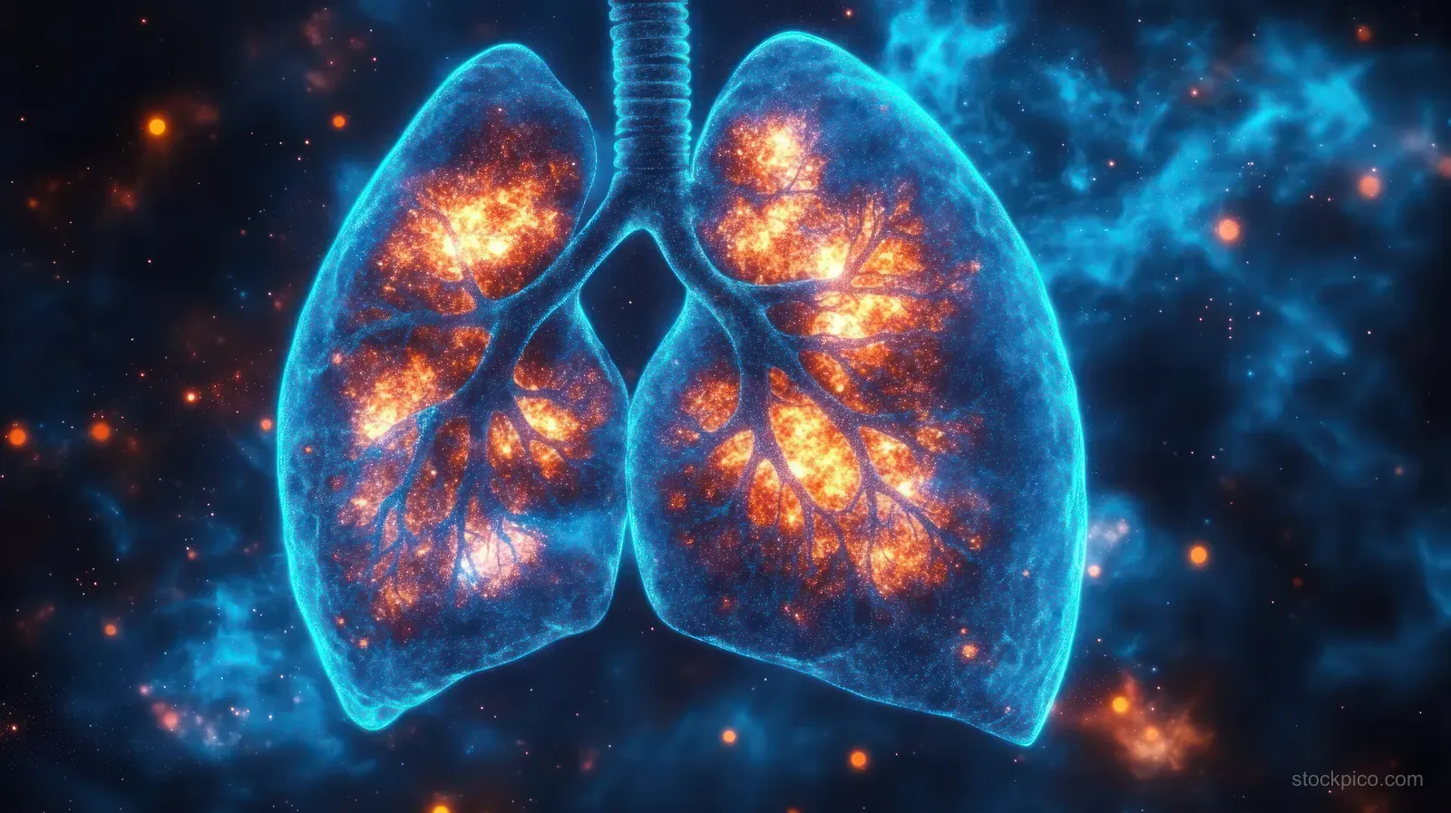 A pair of glowing lungs with nebula particles float against a dark cosmic background.