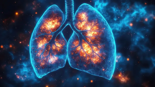 Cosmic glowing lungs with nebula particles and radiology-style medical scan glow