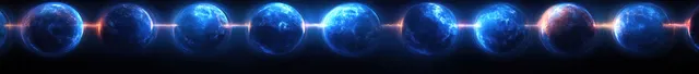 A line of glowing blue Earth spheres floats on a dark space background with ambient light and soft shadows.