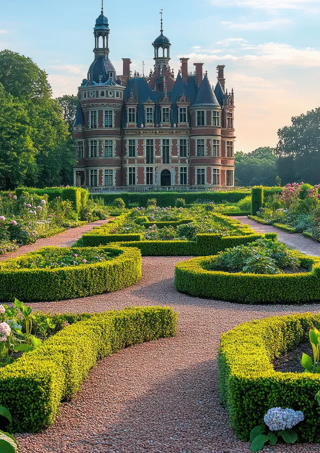 An elegant historic mansion with ornate towers is surrounded by a formal garden featuring winding pathways and blooming flower beds.