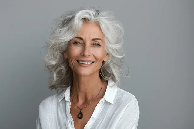 Smiling senior woman with gray curls in white shirt against smooth gray background