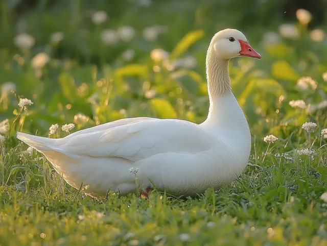 White goose resting on green meadow grass beside small white flowers in soft sunlight