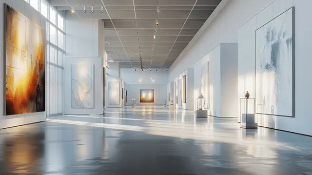 Bright art gallery corridor with abstract framed paintings, sculptural pedestals, and window light on polished floor.