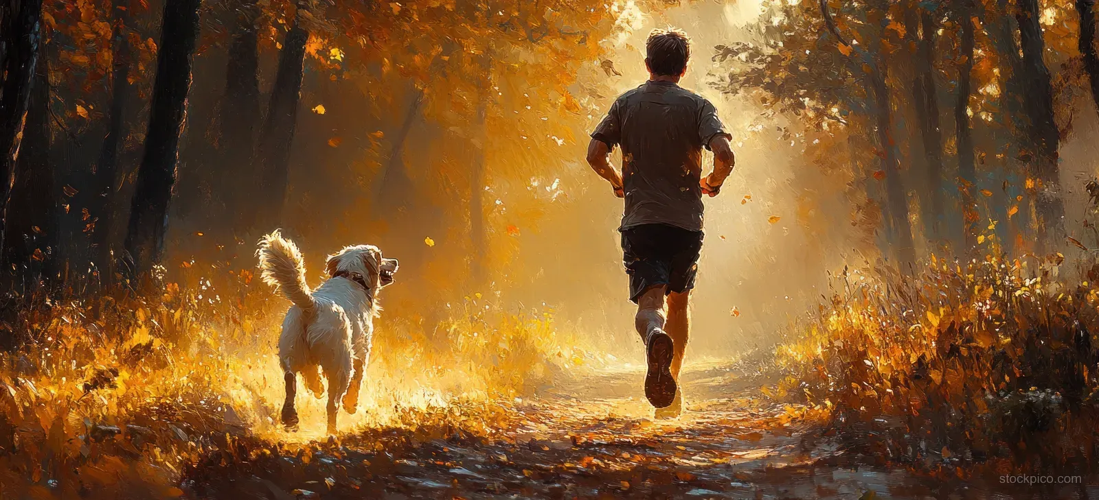 A girl jogs on a forest trail with a Weimaraner dog as sunlight beams through autumn trees.