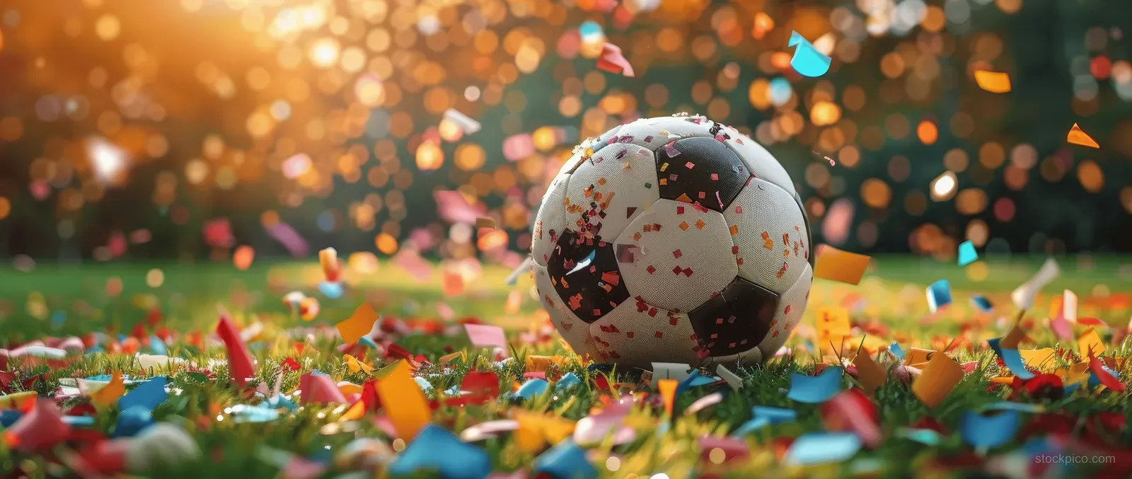 A soccer ball on grass with colorful confetti falling in a warm victory celebration background.