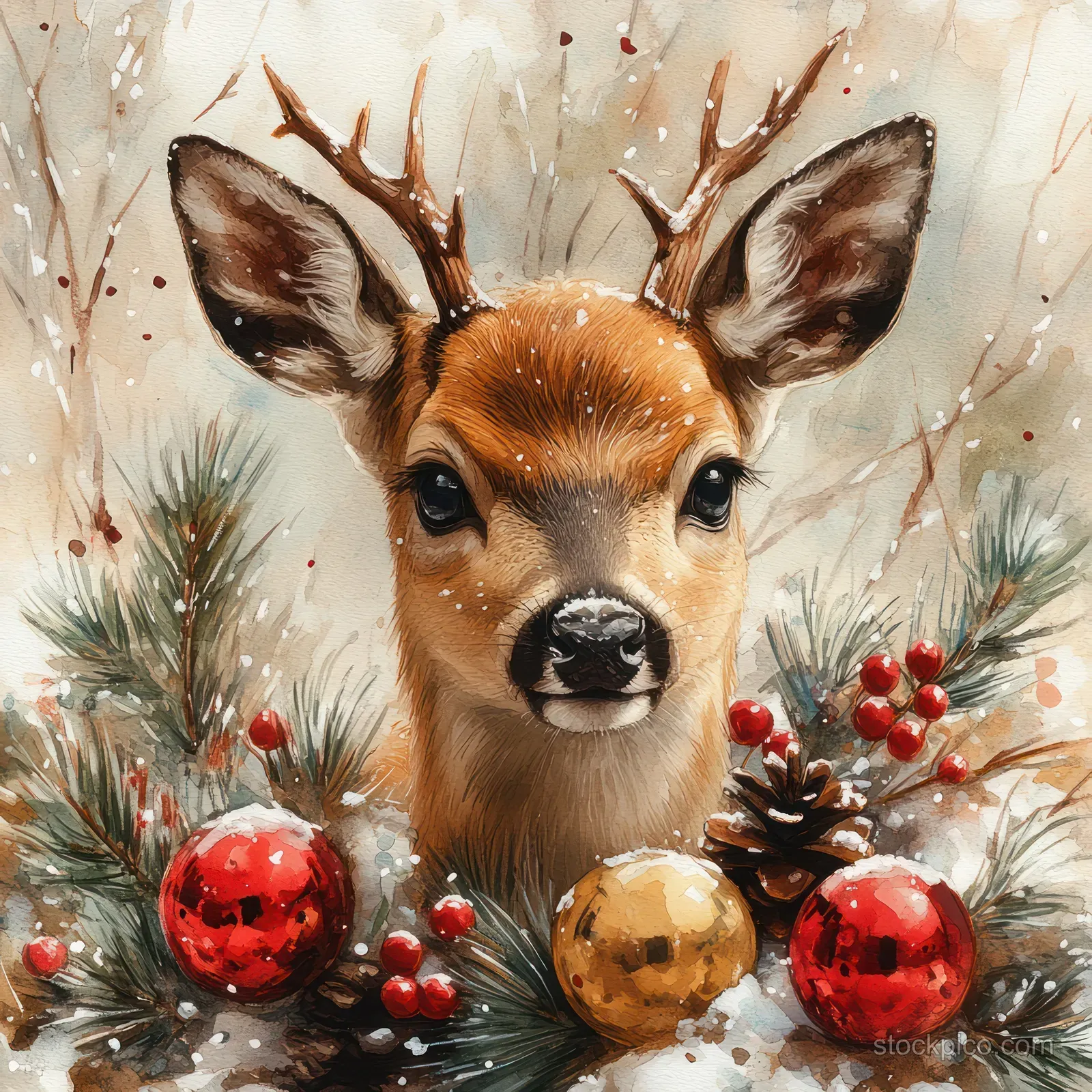 A watercolor deer face surrounded by pine branches, holly berries, and red ornaments in a snowy winter background.