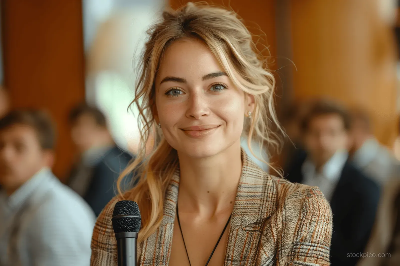 Young woman in a plaid blazer smiling while holding a microphone indoors.