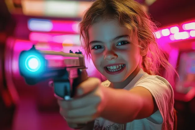 Child aiming a light gun in a neon arcade, smiling during a laser game