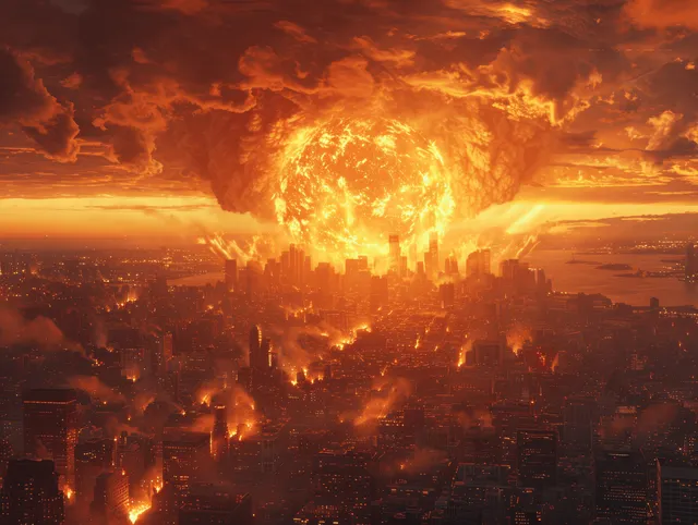 Nuclear explosion over city at sunset with towering mushroom cloud and firestorm with Cinematic Concept Art