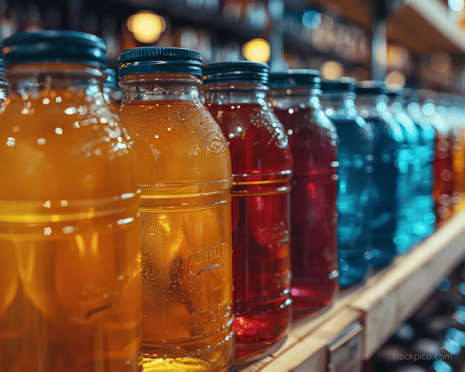 Colorful bottles with glossy labels line up on a display rack with a blurred background.