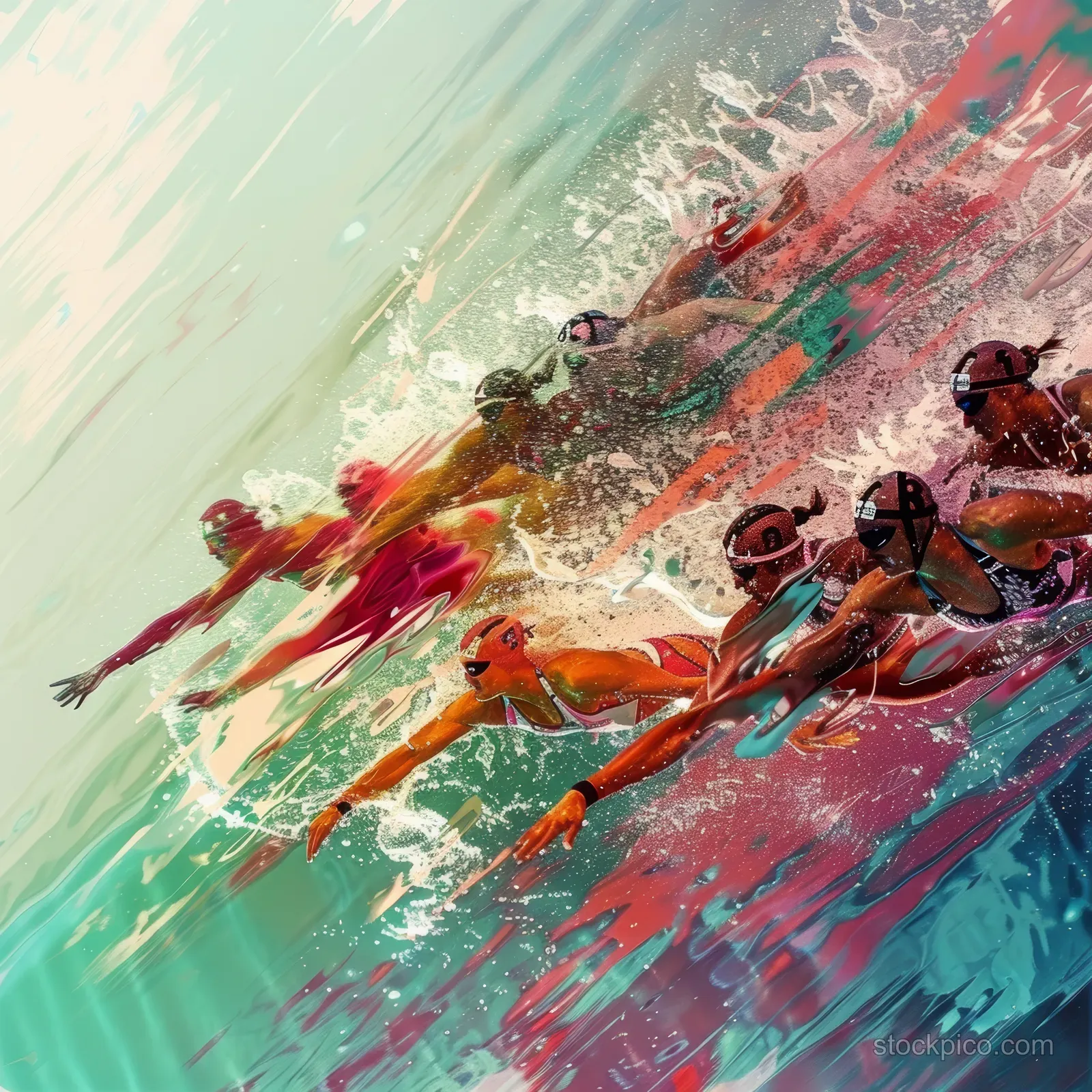Stylized women swimmers sprinting freestyle through colorful water splashes and sweeping motion streaks.