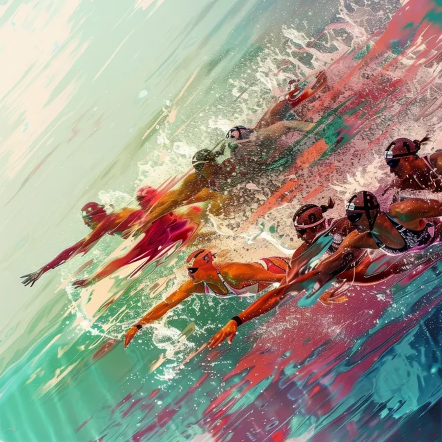 Stylized women swimmers sprinting freestyle through colorful water splashes and sweeping motion streaks.