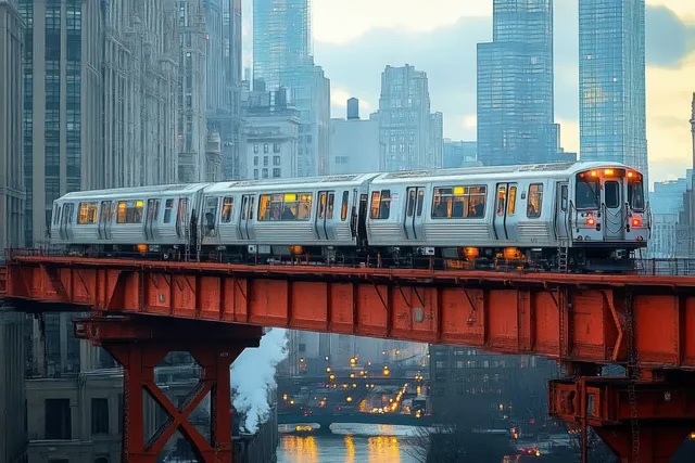 A silver elevated train crosses a red steel bridge as Chicago skyscrapers fill the background.