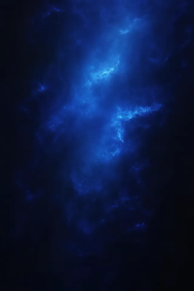 Dark space nebula with swirling electric-blue clouds and glowing bright patches surrounded by tiny stars.