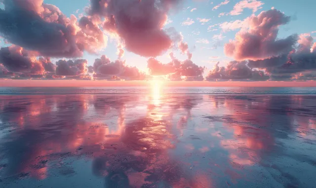 Textured concrete foreground meets a calm ocean horizon under a glowing sunset sky with dramatic clouds and reflections.
