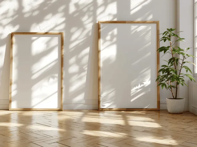 Two empty wooden picture frames on a sunlit parquet floor with sharp window shadows and a potted plant.