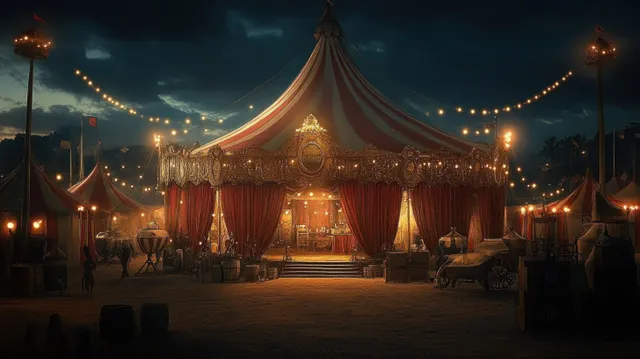 A large red-and-white striped circus tent glows at dusk under string lights beside vintage carts.