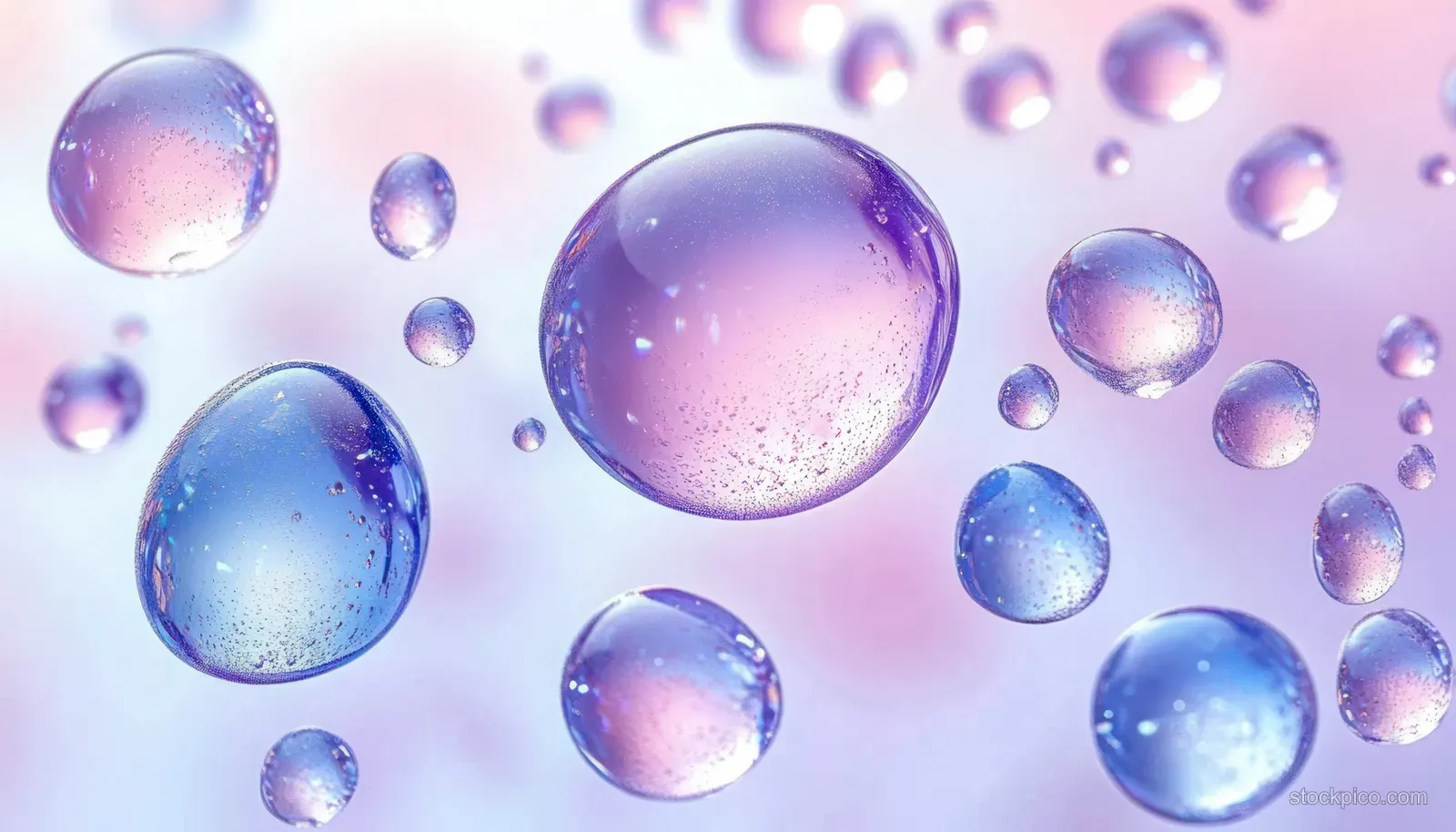 Purple and blue translucent bubbles float toward the camera against a blurred pastel background with soft light.