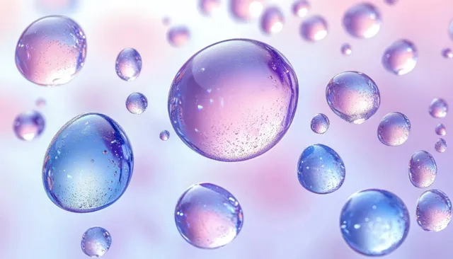 Translucent purple and blue bubbles floating in soft focus pastel light