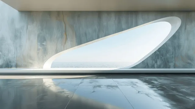 Concrete interior scene with a bright skylight glow and reflective water floor