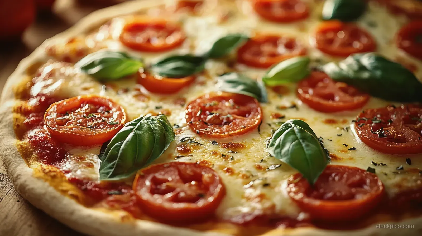 Close-up of pepperoni pizza with melted cheese, tomato slices, and basil leaves on rustic wooden surface.