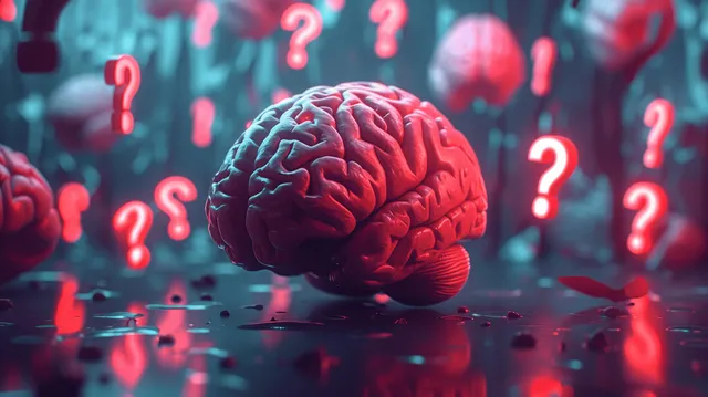 A glowing 3D brain sits on a reflective surface with red floating question marks in a futuristic red-blue scene.
