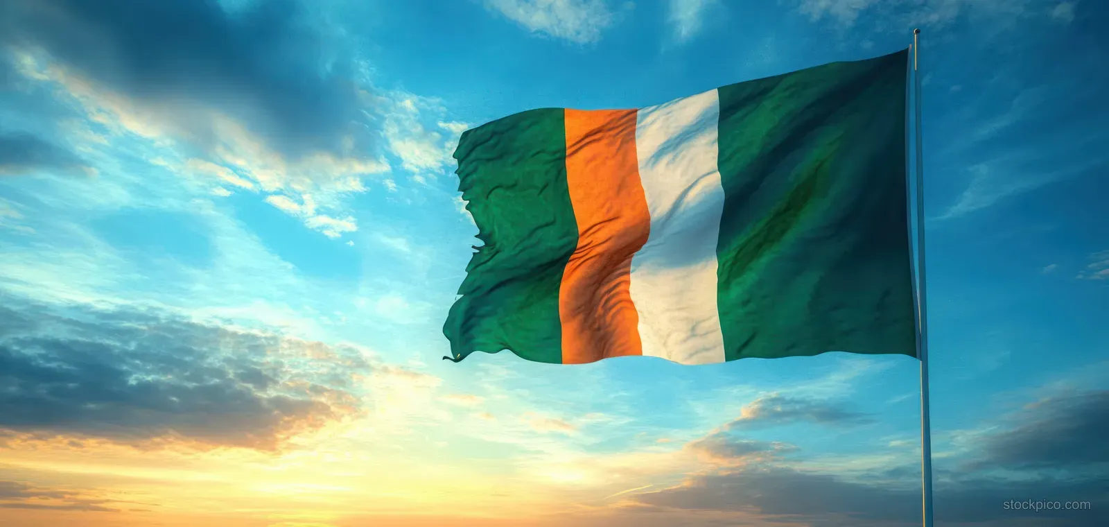 Irish national flag ripples on a pole in warm golden hour light against a blue and orange sky.