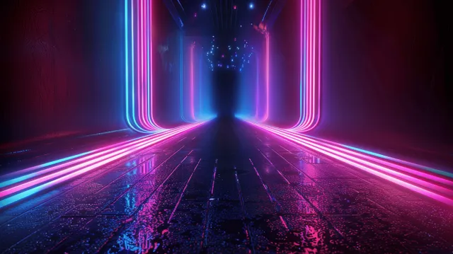 Neon light tunnel with glowing pink blue purple lines extending into dark futuristic space