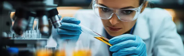 A research scientist in a clinical laboratory holds a test tube while wearing blue gloves and a lab coat.