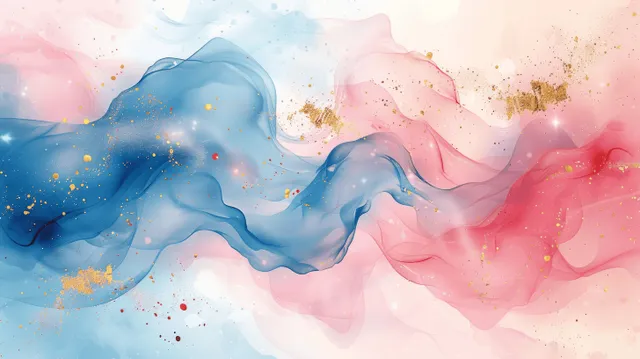 Pastel pink and blue watercolor ribbons swirl across a soft cloudy background with scattered gold speckles.