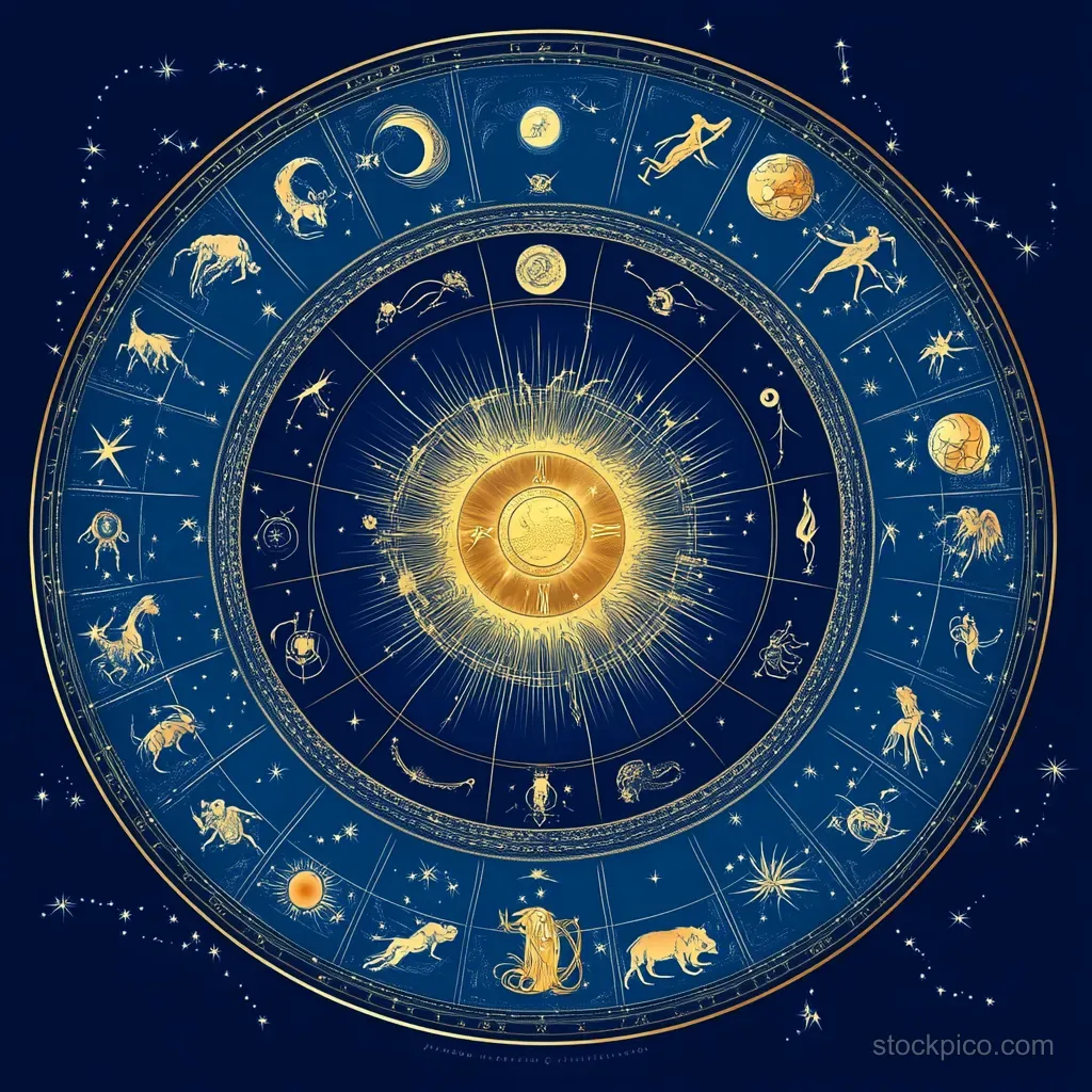 A glowing golden sun sits at the center of a circular zodiac wheel with twelve astrological signs against a dark starry sky.
