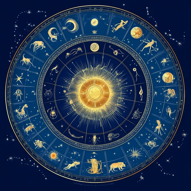 Intricate zodiac wheel encircles a glowing golden sun with twelve starry astrological signs