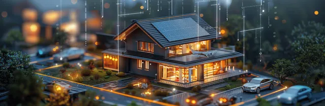 Illustrated smart house at night with solar panels, visible EV chargers, and a diagram-like power storage overlay.