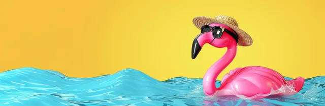 Pink flamingo with sunglasses and straw hat floating on blue waves against a yellow backdrop.