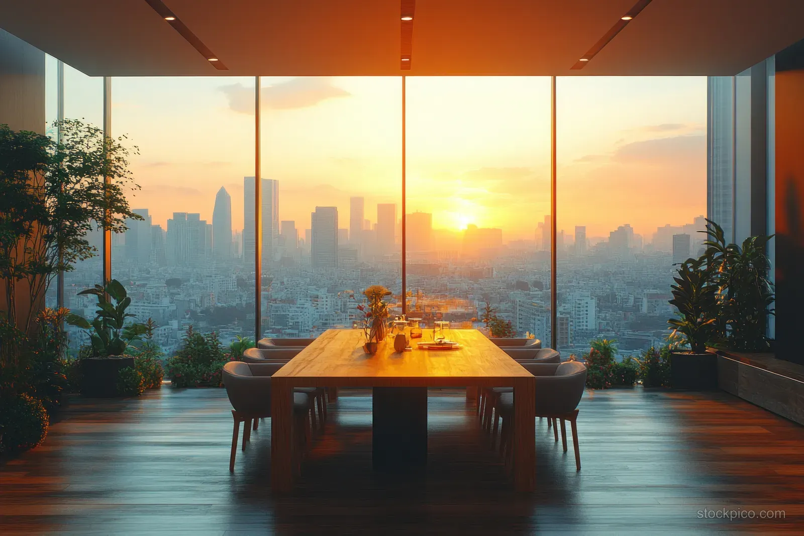 Wooden dining table and chairs sit in a minimalist room beside a large window showing a sunset city skyline.