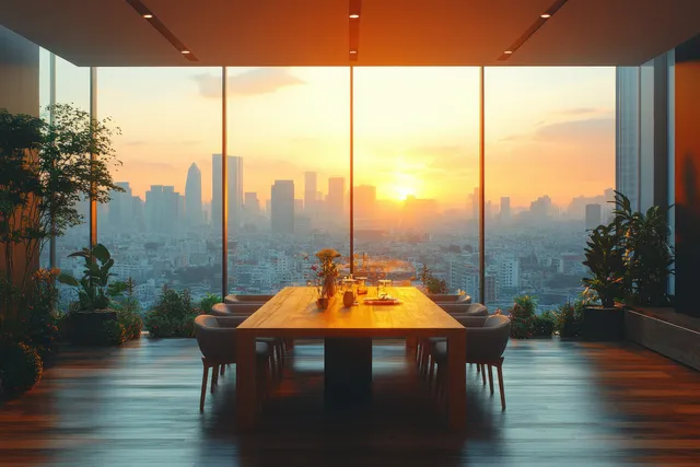 Wooden dining table and chairs sit in a minimalist room beside a large window showing a sunset city skyline.