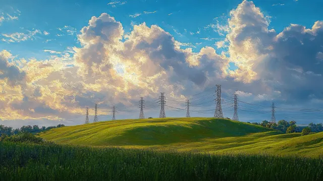 Electric transmission towers span green rolling hills beneath bright cumulus clouds