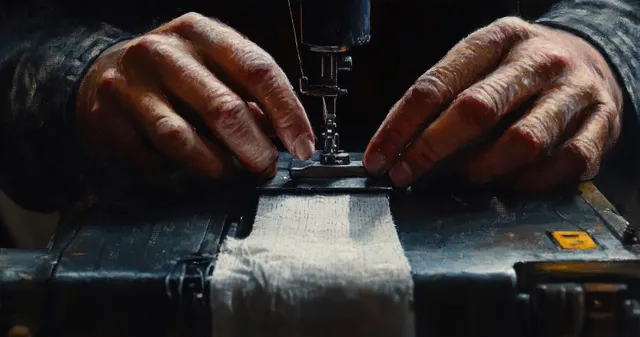 Hands sew fabric on a vintage sewing machine in a dim tailoring workshop with thread and fine fabric texture visible.