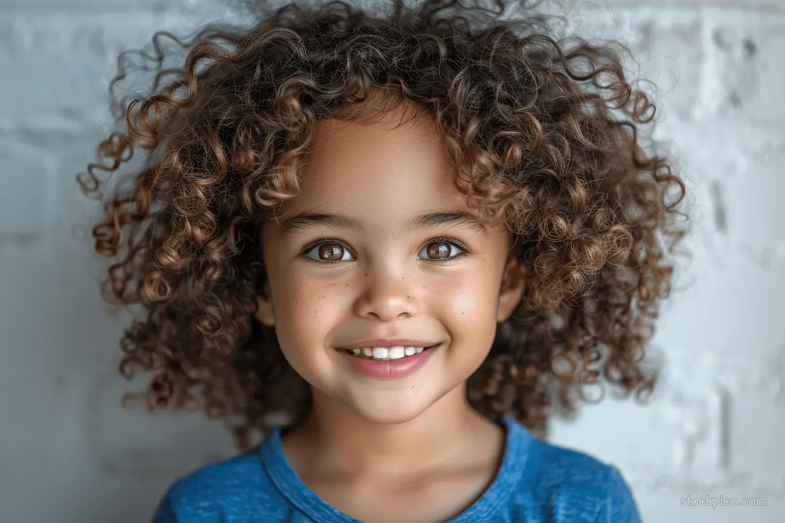 A smiling mixed-race boy with curly hair in a blue shirt poses for a close-up portrait against a light wall.