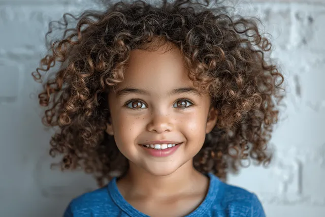 Smiling mixed-race boy with curly hair in blue shirt, close-up studio portrait on light wall