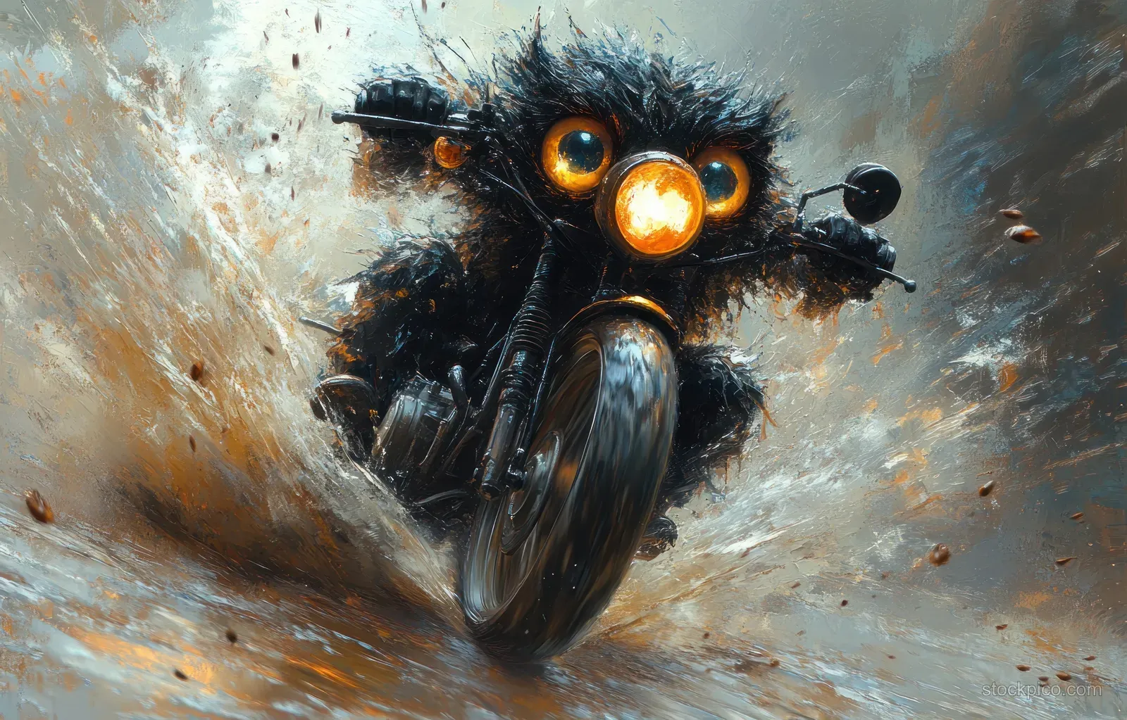 A furry motorcycle creature blasts forward through a swirling dust and splash background with glowing big eyes and a leather jacket.