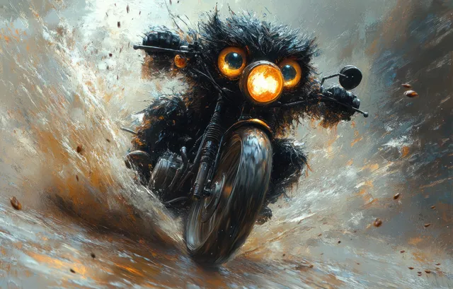 Whimsical furry motorcycle creature launches forward, big glowing eyes and leather jacket