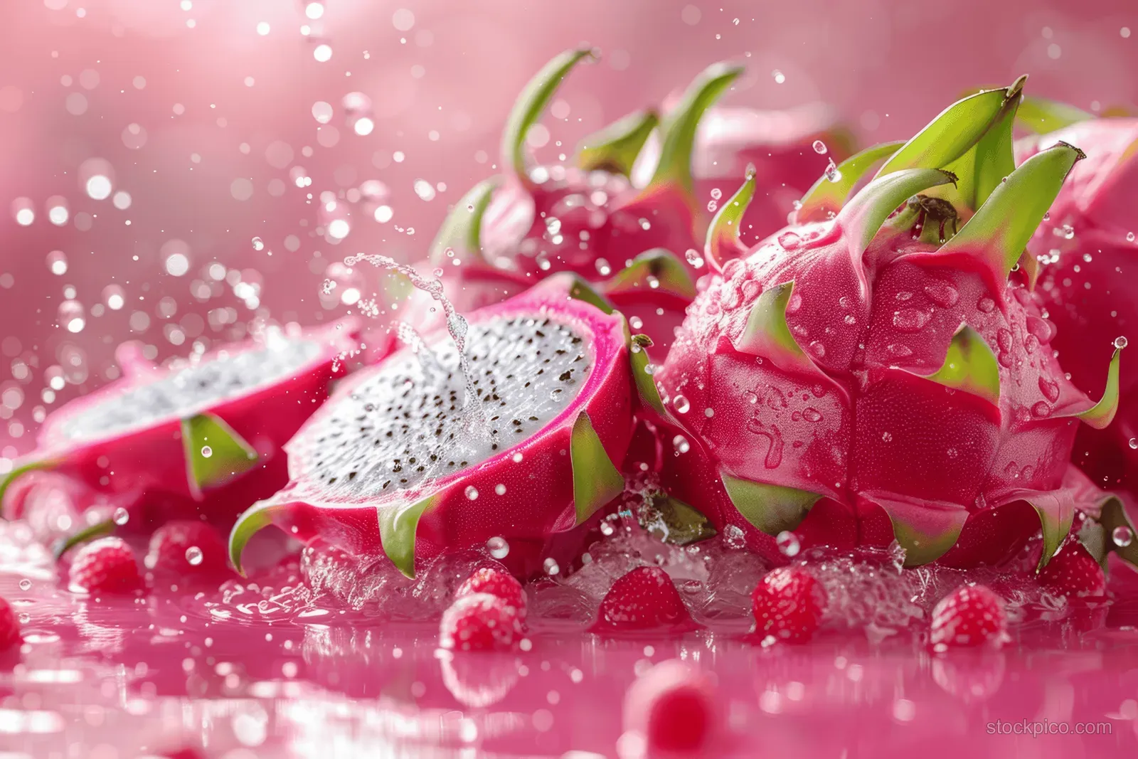Dragon fruit slices are surrounded by water droplets splashing on a bright pink background.