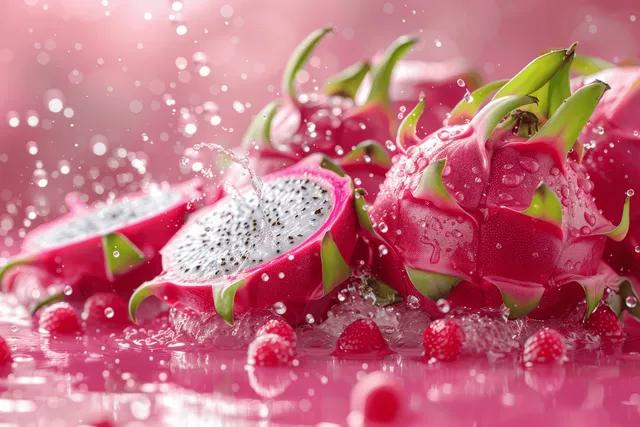 Dragon fruit slices splashed with water droplets against a vibrant pink backdrop
