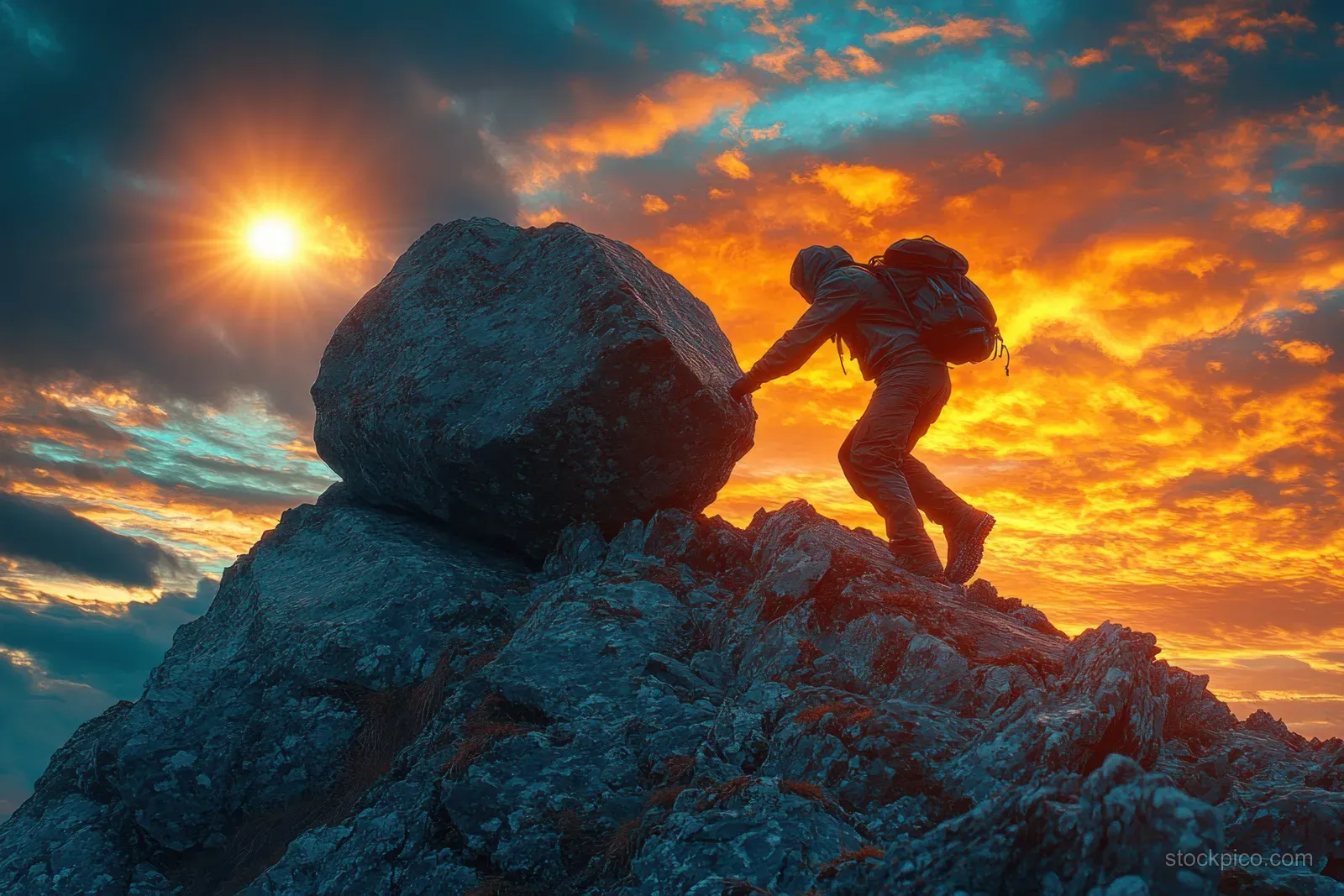 Silhouette pushes a large rock uphill on a rocky slope under a glowing sunset sky.
